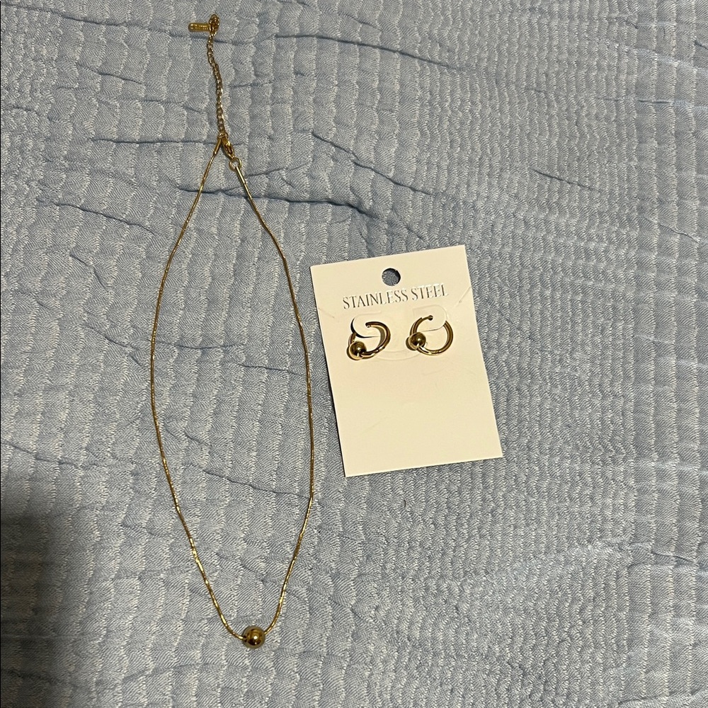 Gold Stainless Steel Necklace and Hoop Earring Set